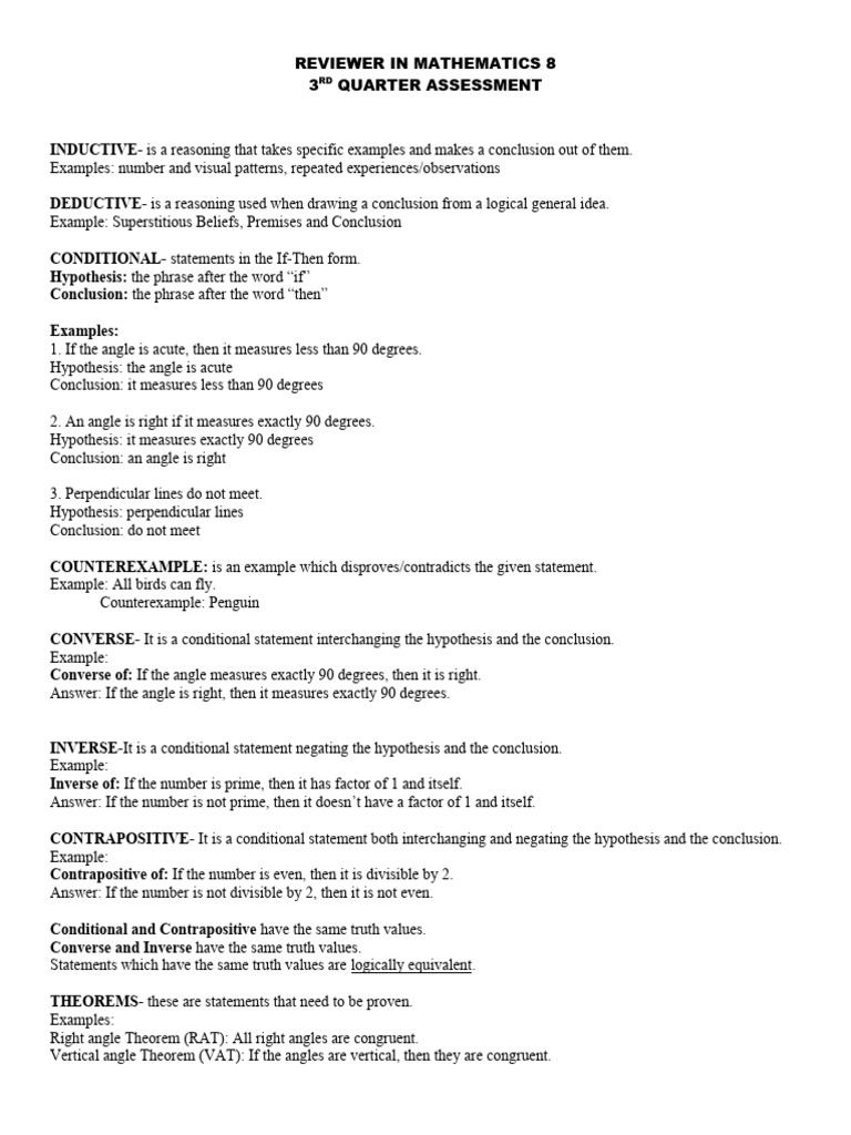 Mathematics 8: 3rd Quarter Assessment Guide | PDF | Triangle | Logic