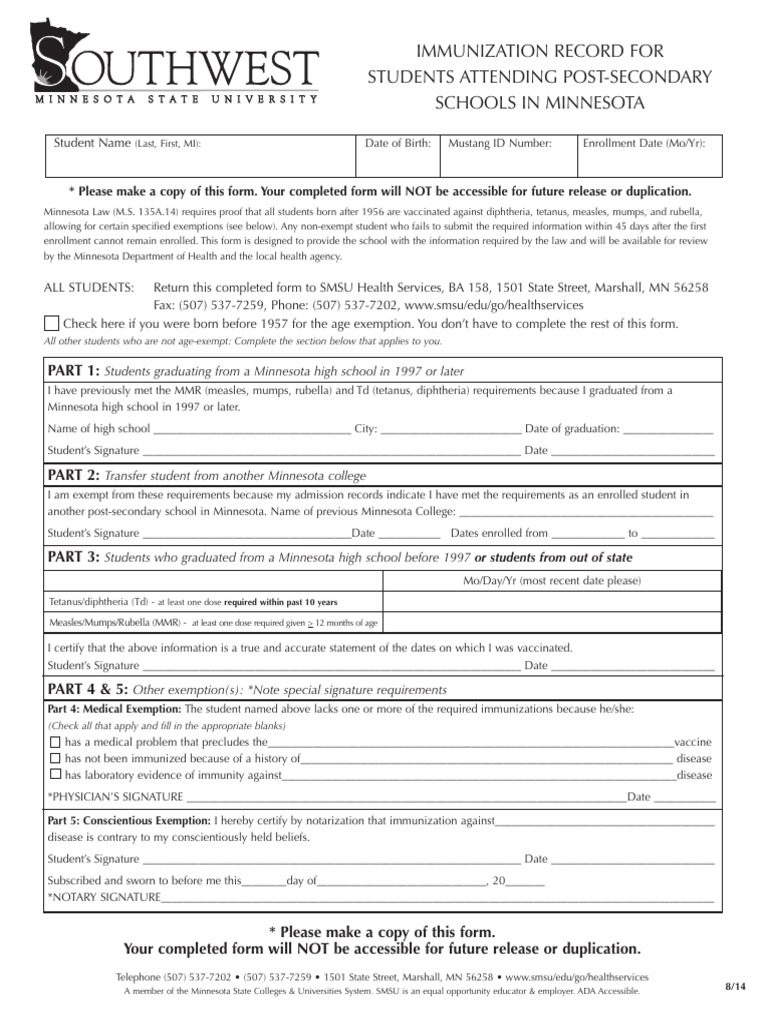 Minnesota Student Immunization Record | PDF | Health Care | Health Sciences