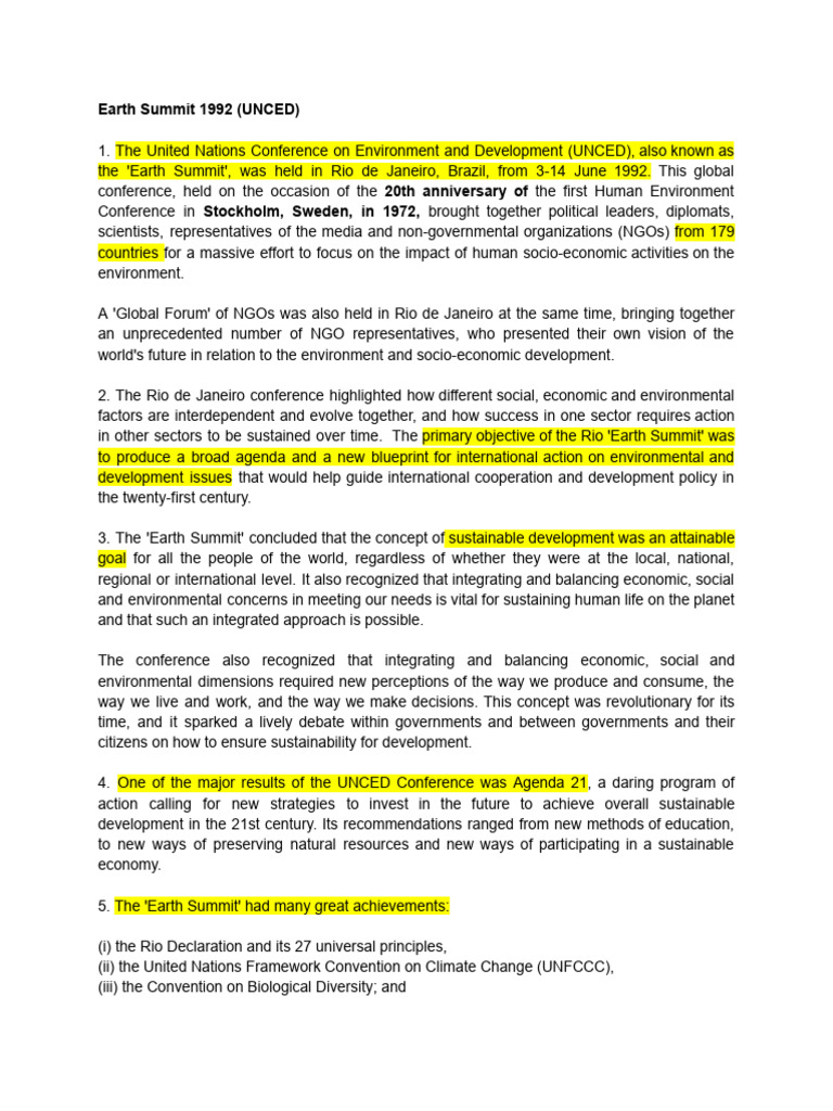 Earth Summit 1992 Pdf Sustainability Sustainable Development