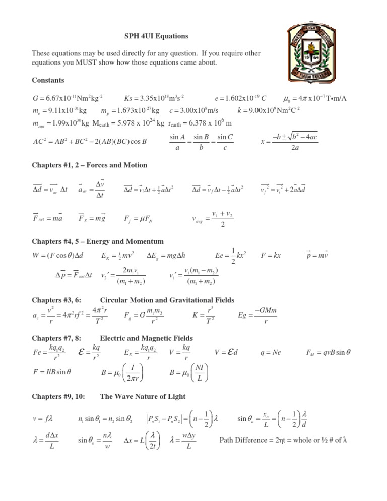 Physics 12 formula sheet