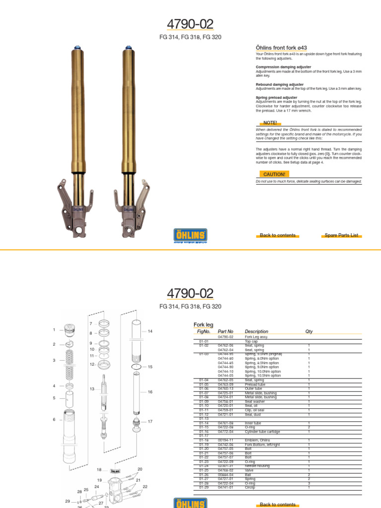 Ohlins Frontfork PartsCatalogue FG314 FG318 FG320 UK 2003 | PDF ...
