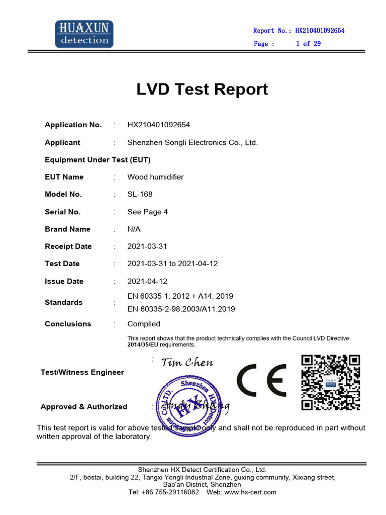 LVD Test Report for SL-168 Humidifier | PDF | Insulator (Electricity ...
