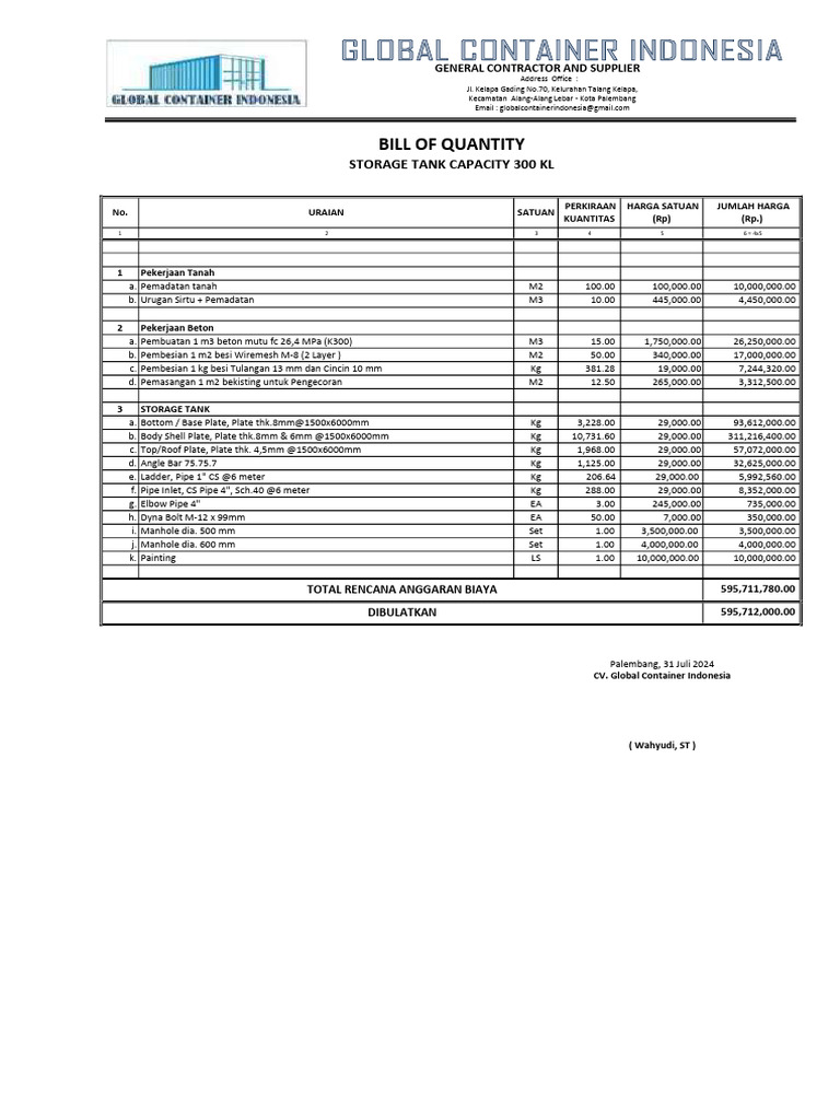 BoQ & Drawing Storage Tank Cap 300 KL | PDF