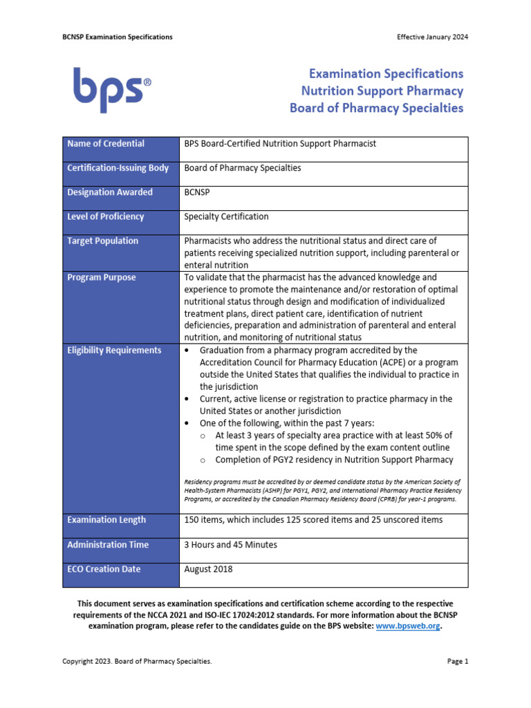 BCNSP Examination Specifications 2024 | PDF | Pharmacist | Pharmacy