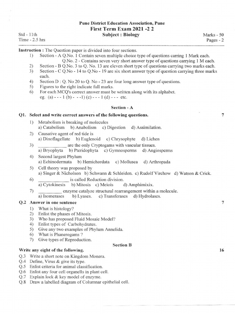Biology Exam Paper for Pune District | PDF | Cell (Biology) | Biology