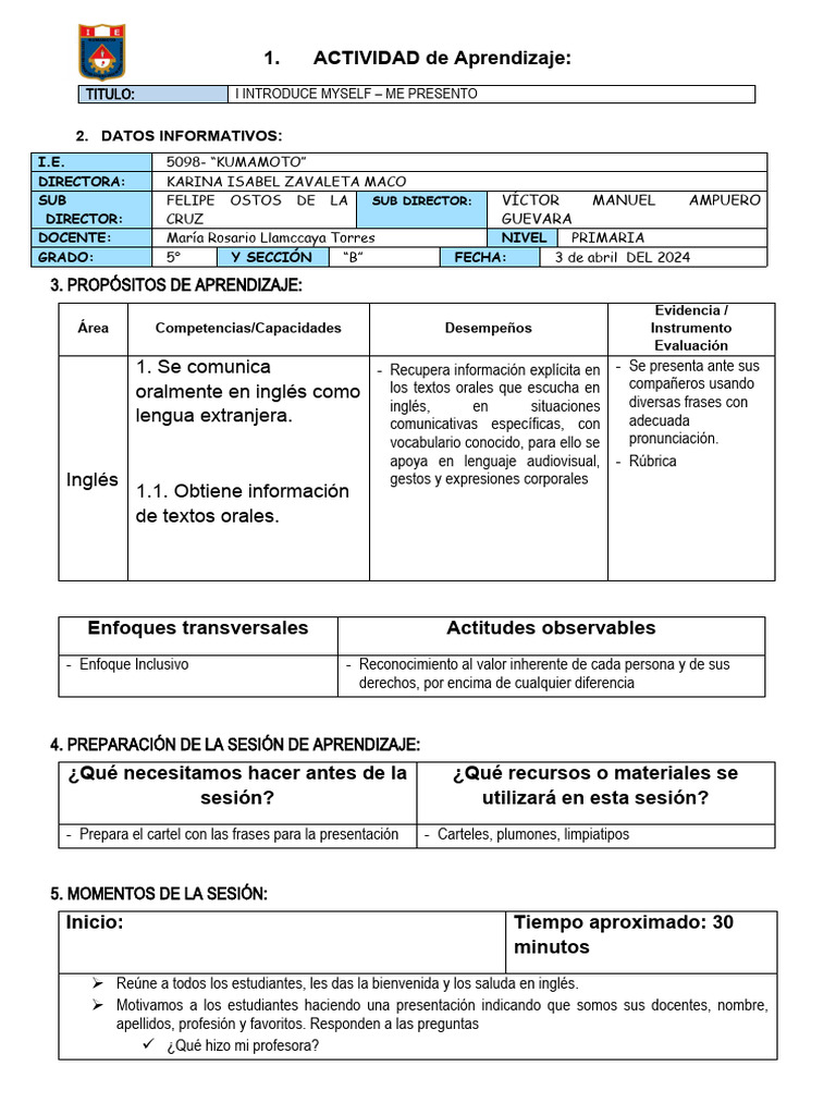 5º DIA 3 SEMANA 1 - Ingles - I INTRODUCE MYSELF - ME PRESENTO | PDF ...