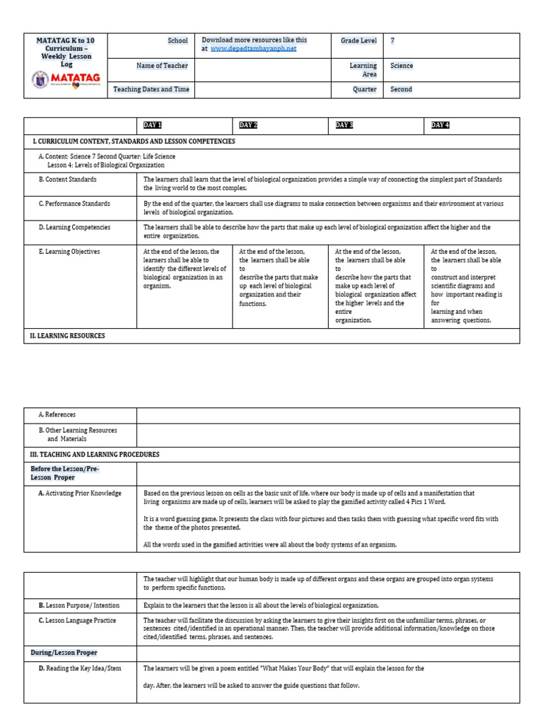 Official MATATAG Weekly Lesson Log Format | PDF | Learning | Teachers
