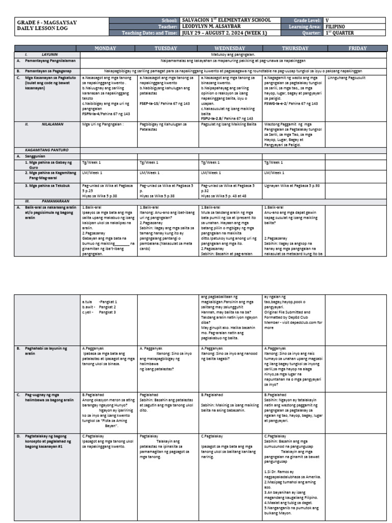 DLL - Filipino 5 - Q1 - W1 | PDF