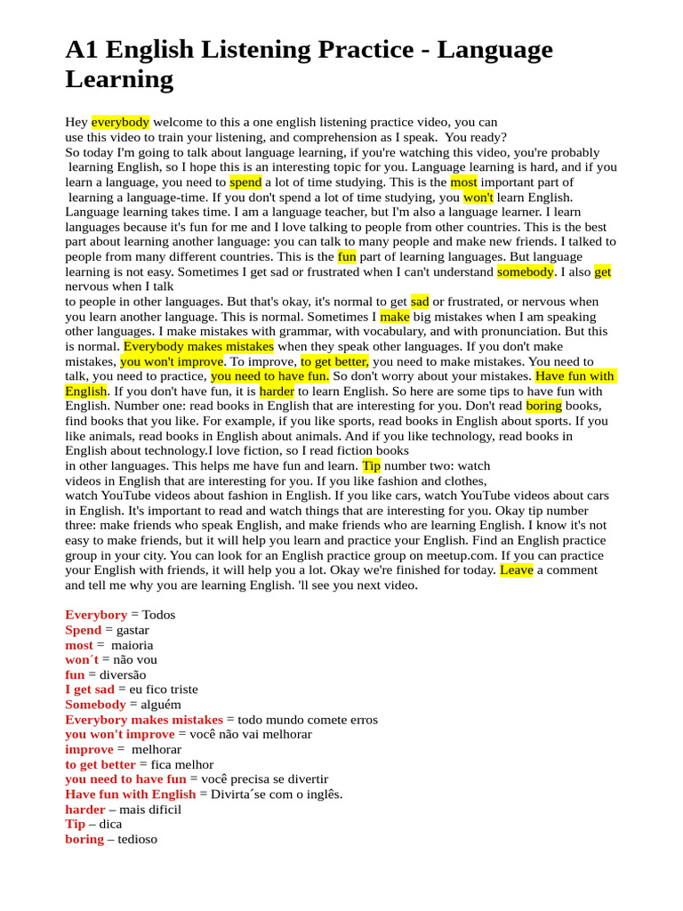 A1 English Listening Practice Language Learning Pdf English