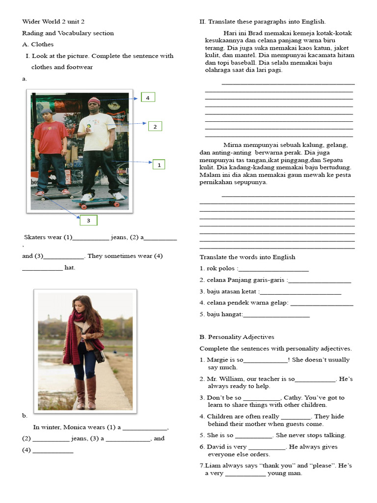 Reading and Vocabulary, Clothes N Personality Adjective Unit 2 Wider ...