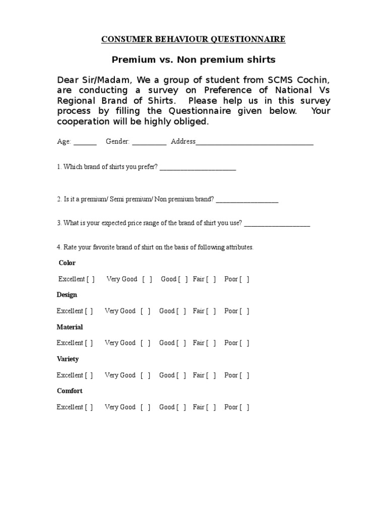Questionnaire Format For Consumer Behaviour