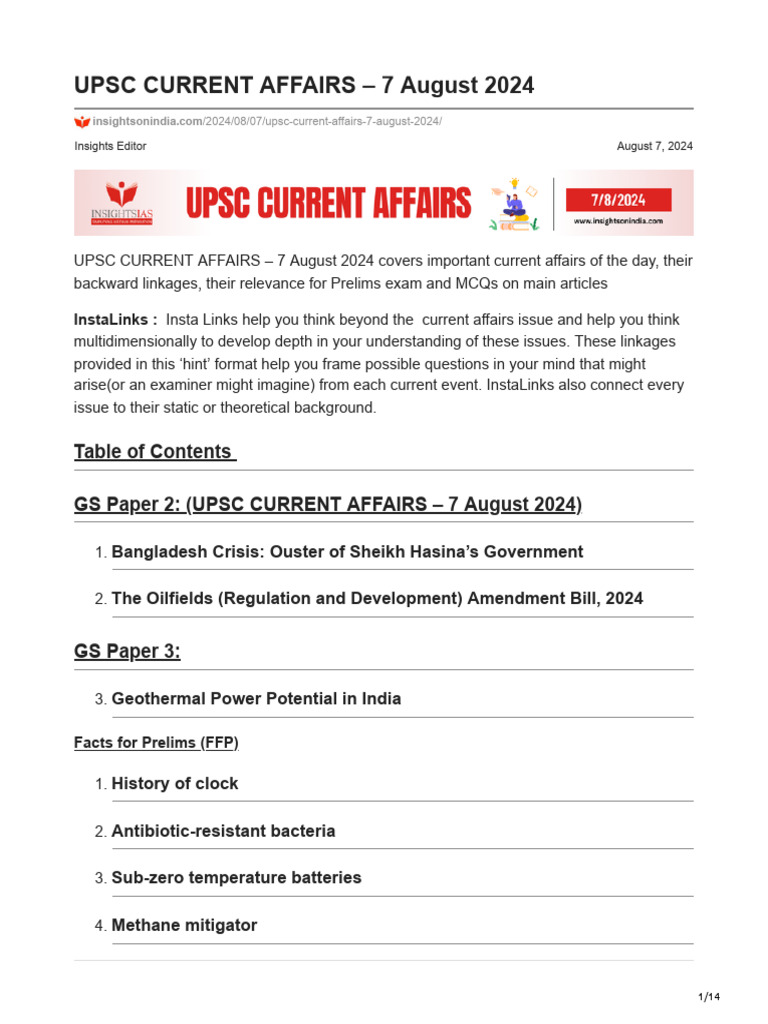 Upsc Current Affairs 7 August 2024 Pdf Clock Power Station