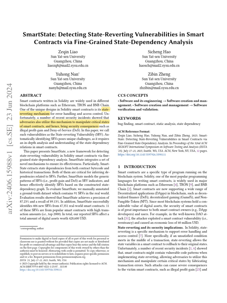 SmartState - Detecting State-Reverting Vulnerabilities in Smart Contracts  Via Fine-Grained State-Dependency Analysis | PDF | Computer Programming |  Computing