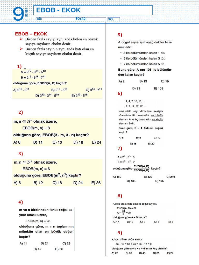 9.sınıf Ebob Ekok Test Soruları | PDF