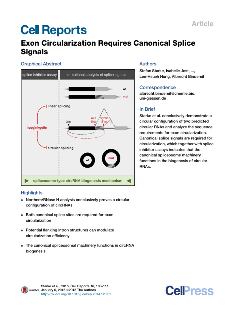 Exon Circularization Requires Canonical Splice Signals 2015 Cell ...