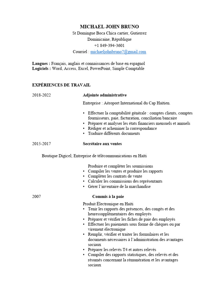 Modèle de CV Haïtien de Michael Bruno | PDF | Haïti | Informatique