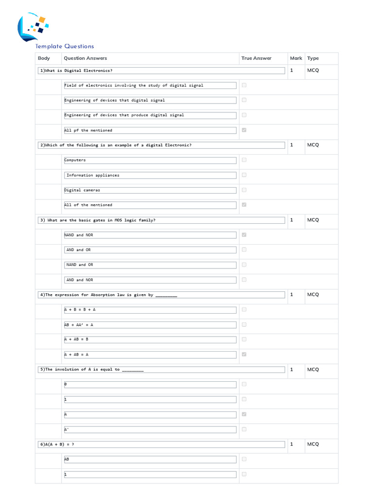 Template Questions: Body Question Answers True Answer Mark Type | PDF ...