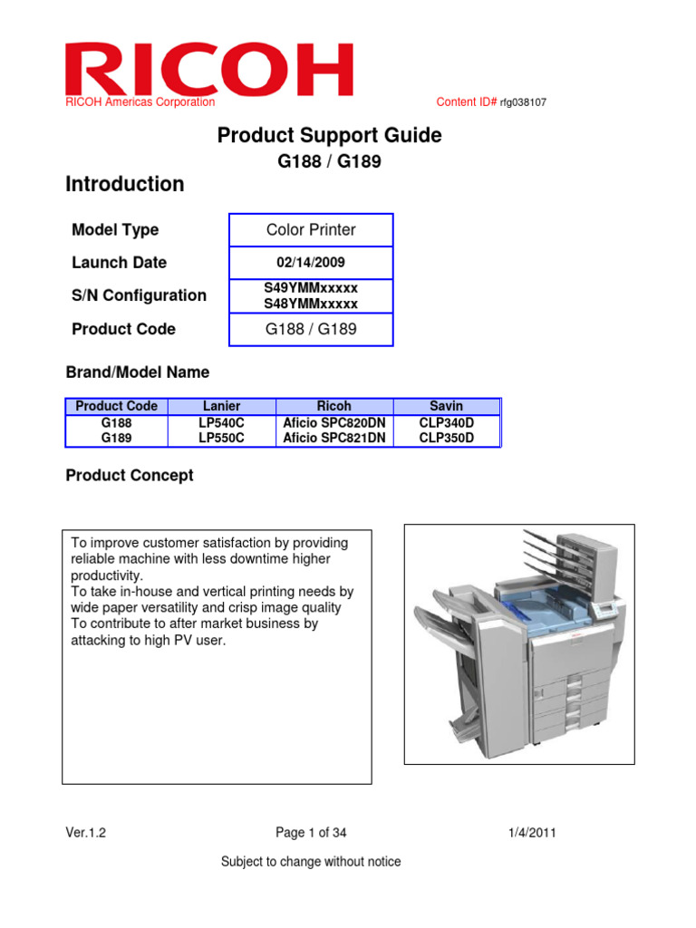 Ricoh G188/G189 Product Support Guide | PDF | Computing | Office Equipment