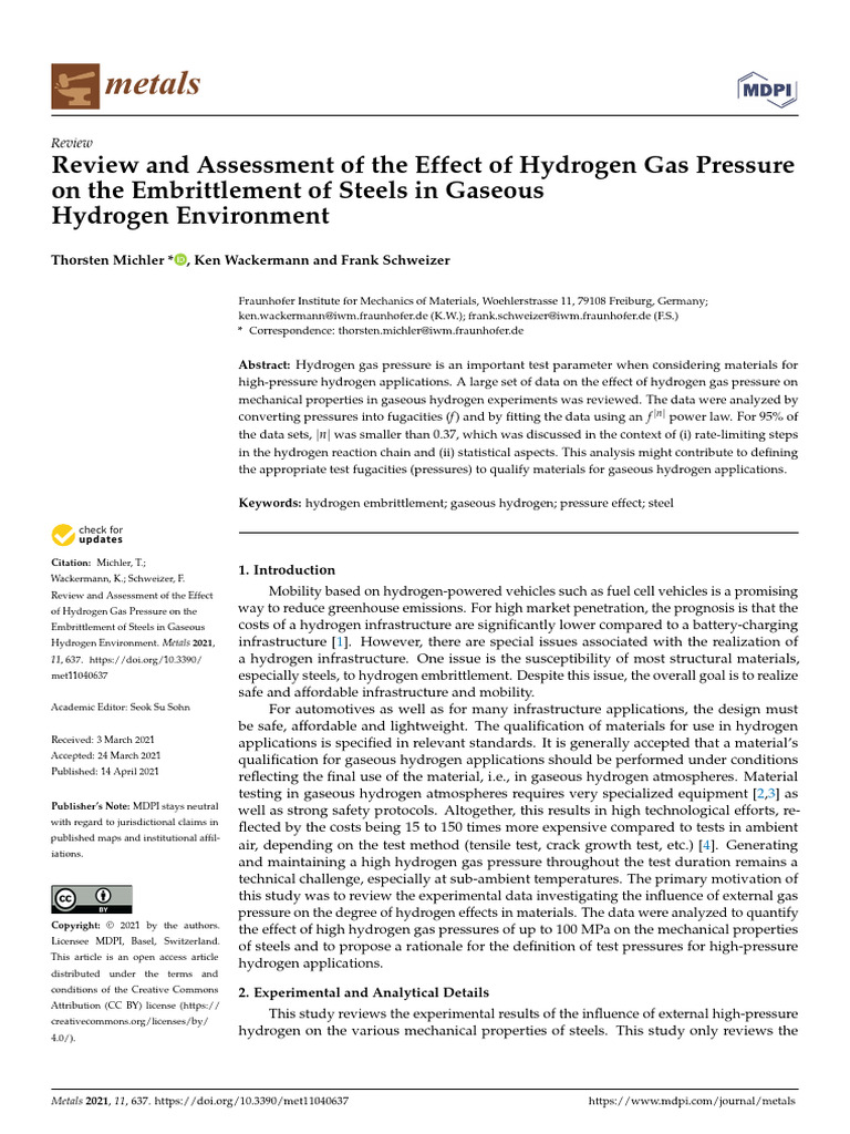 Review and Assessment of The Effect of Hydrogen Gas Pressure On The ...