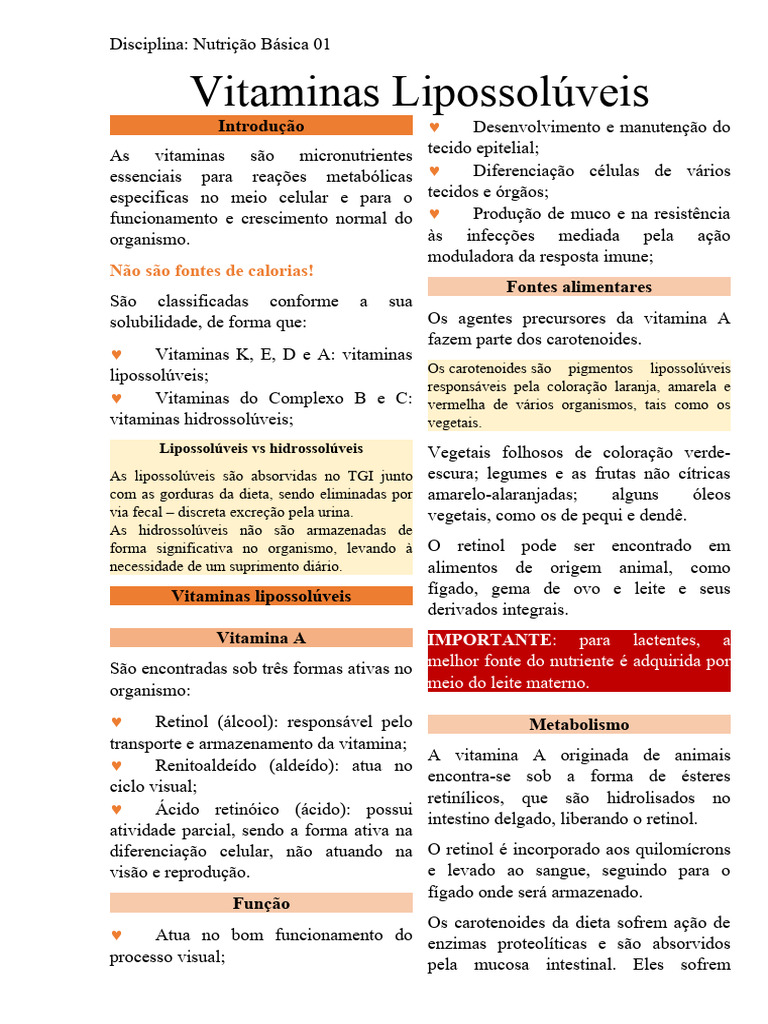 Vitaminas Lipossolúveis: Funções e Fontes | PDF | Vitamina | Vitamina A