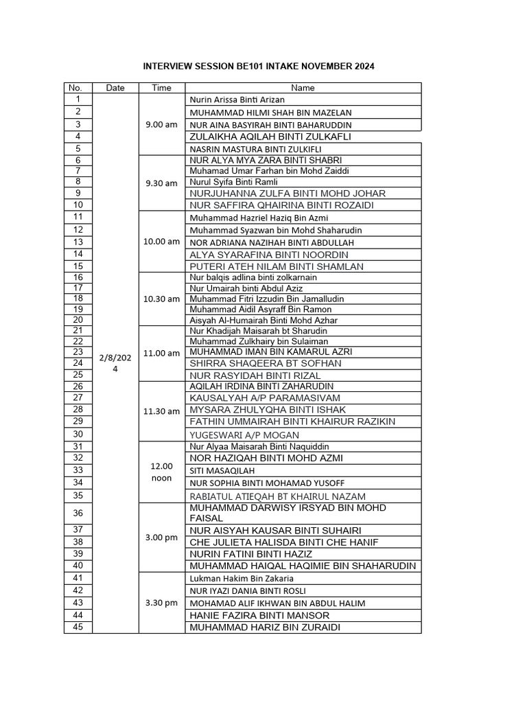 Interview Schedule BE101 Nov 2024 | PDF