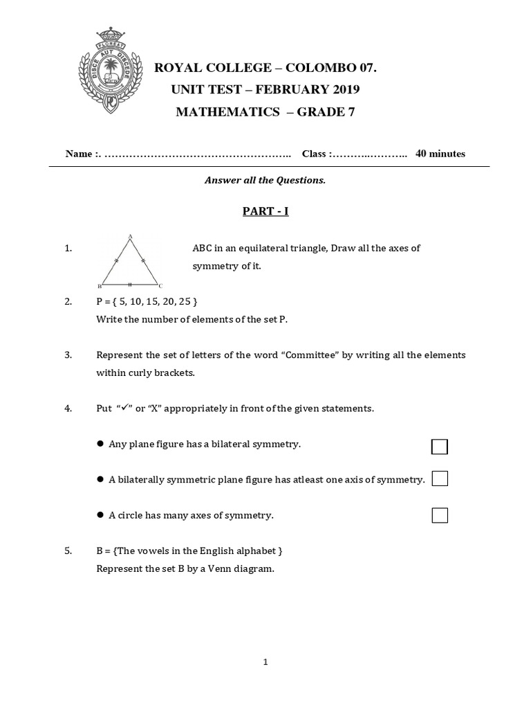 Grade 7 Maths Unit Test February 2019 | PDF | Symmetry | Mathematics