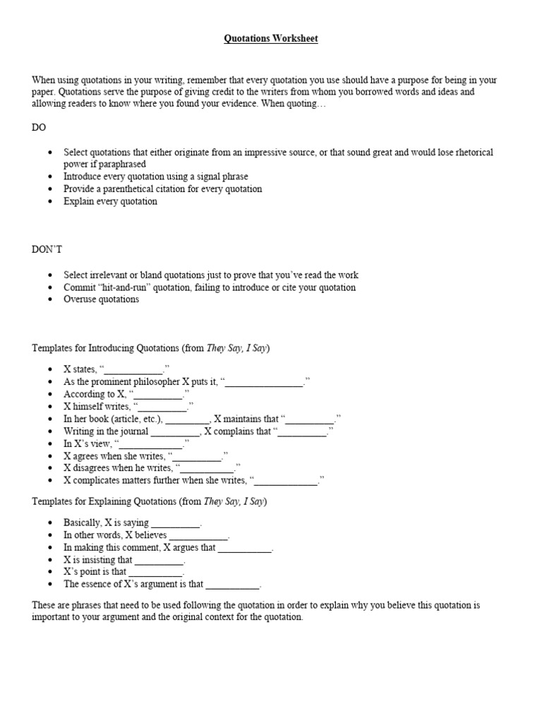 Quoting Effectively: A Worksheet Guide | PDF