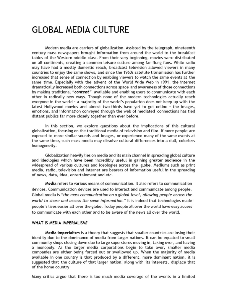 Impact of Global Media Culture | PDF | Mass Media | Interfaith Dialogue