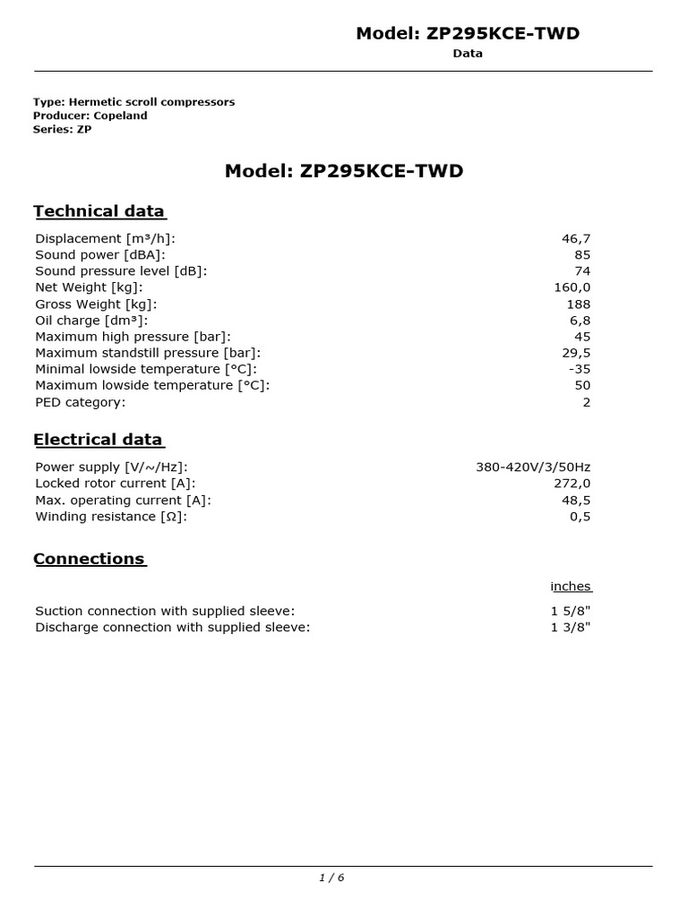 Copeland ZP295KCE-TWD Compressor Specs | PDF | Energy Technology ...