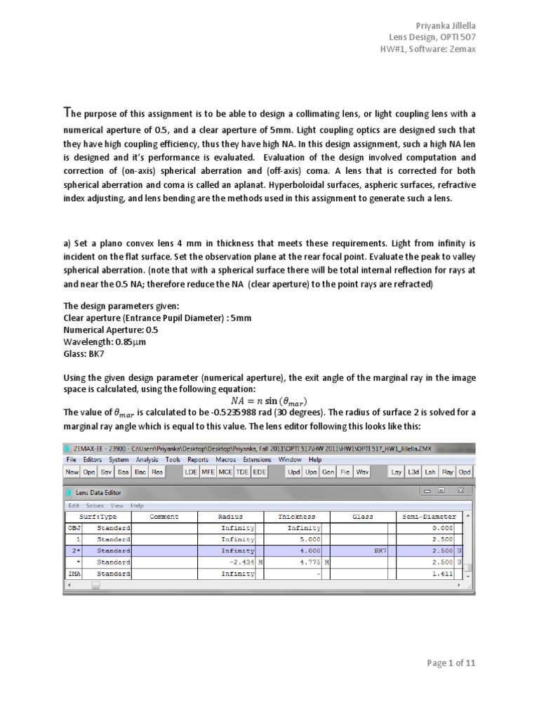 Design of Collimating Lens OPTI 517 | PDF | Lens (Optics) | Aperture