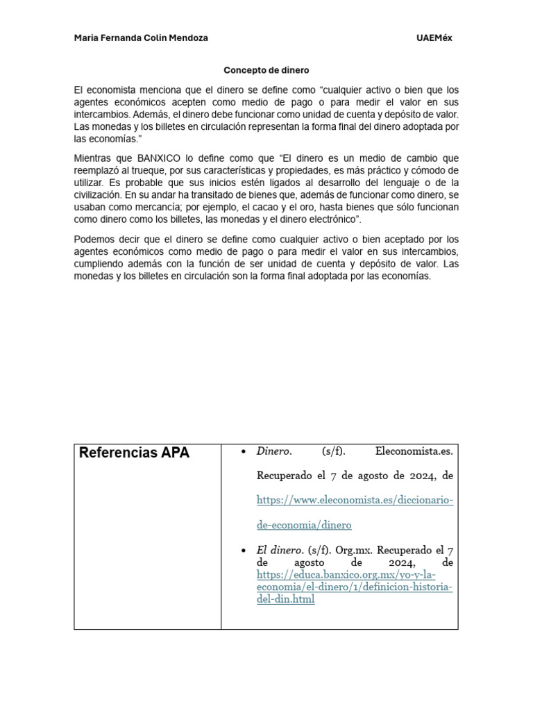 Concepto de Dinero | PDF | Negocios | Finanzas y dinero