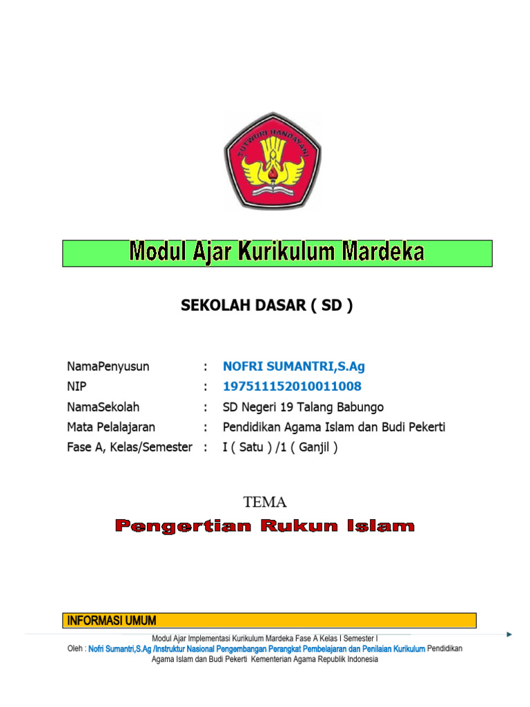 Modul Ajar Kelas 1 Bab 4 Materi Rukun Islam Pdf