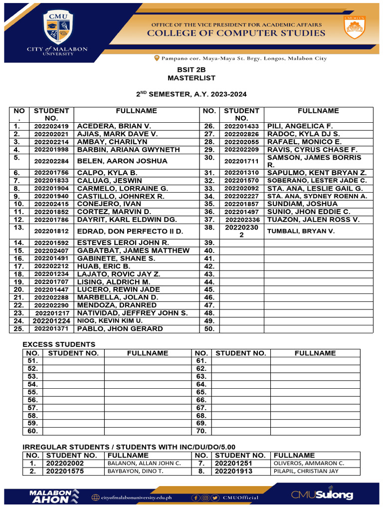 BSIT 2B Masterlist 2nd Semester 2023-2024 | PDF