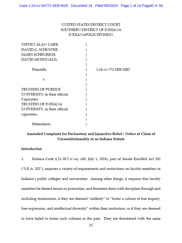 Indiana Faculty Lawsuit Against S.E.A. 202 | PDF | First Amendment To ...