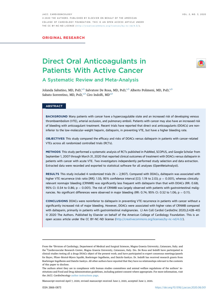 Sabatino Et Al 2020 Direct Oral Anticoagulants in Patients With Active ...