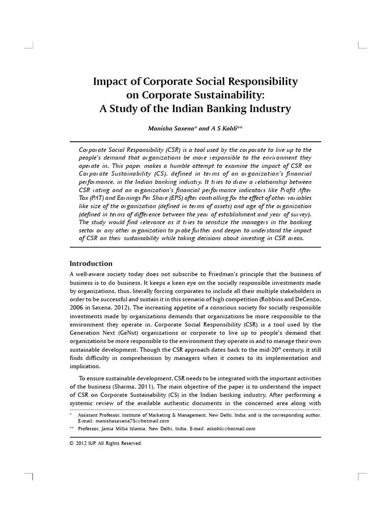 CSR's Role in Indian Banking Sustainability | PDF | Corporate Social ...