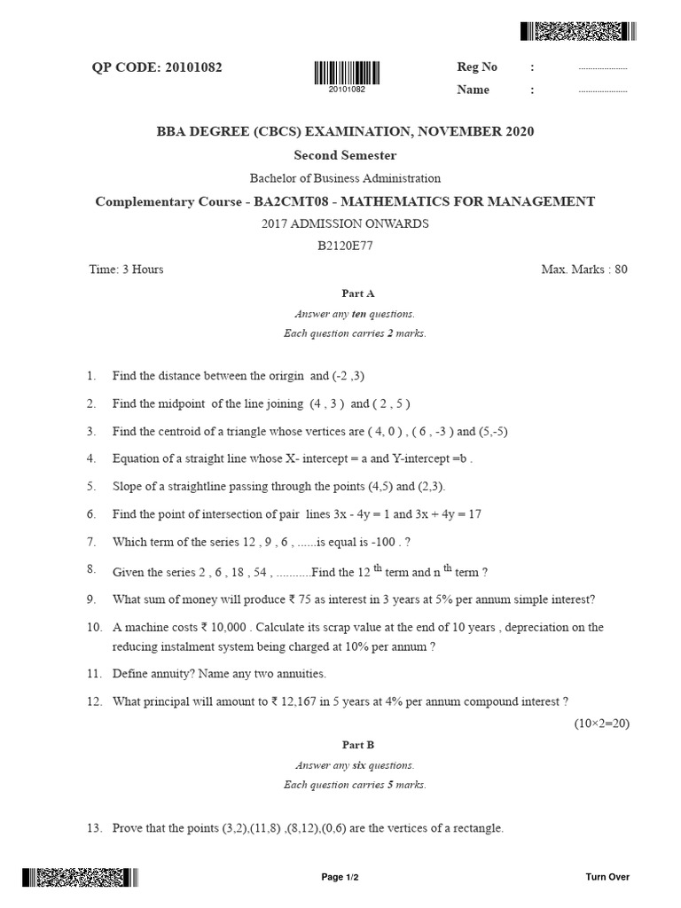 BBA Mathematics Exam Questions 2020 | PDF | Triangle | Line (Geometry)