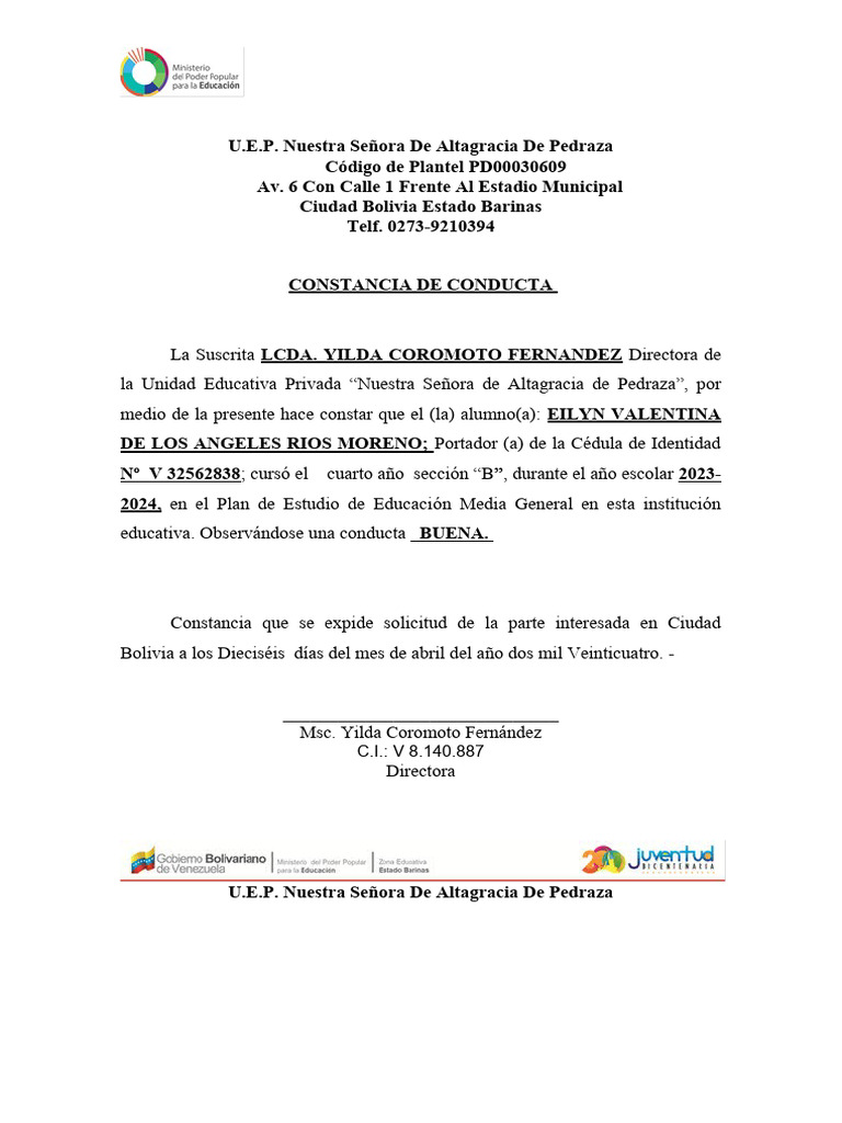 Constancias de Conducta y Culminación U.E.P. Altagracia | PDF ...