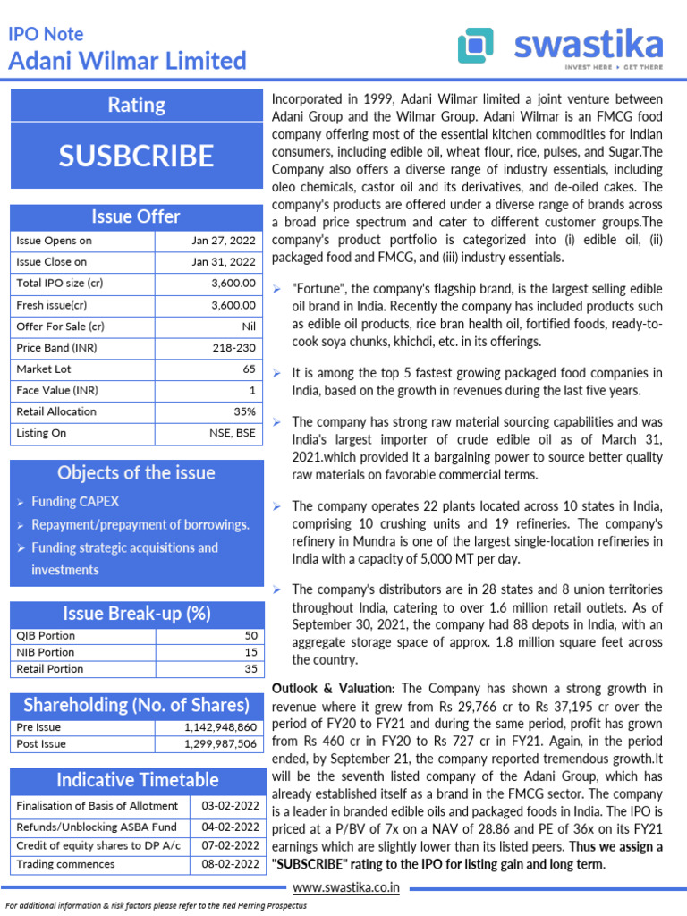 Adani Wilmar IPO Investor Overview | PDF | Investing | Financial Analyst