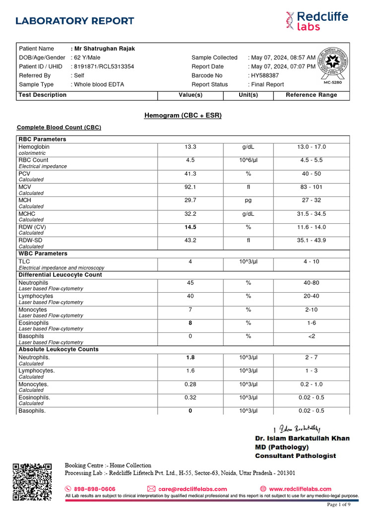 Comprehensive CBC and ESR Report | PDF | White Blood Cell | Diseases ...