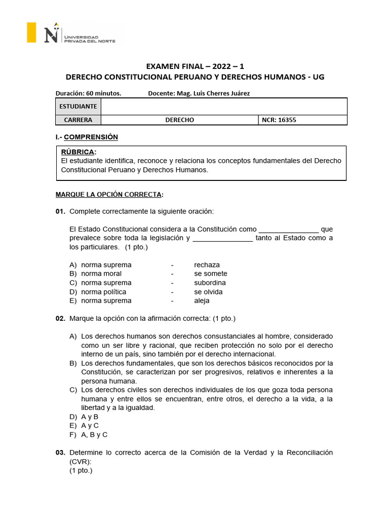 Examen Final Derecho Constitucional 2022 | PDF | Constitución | Estado ...