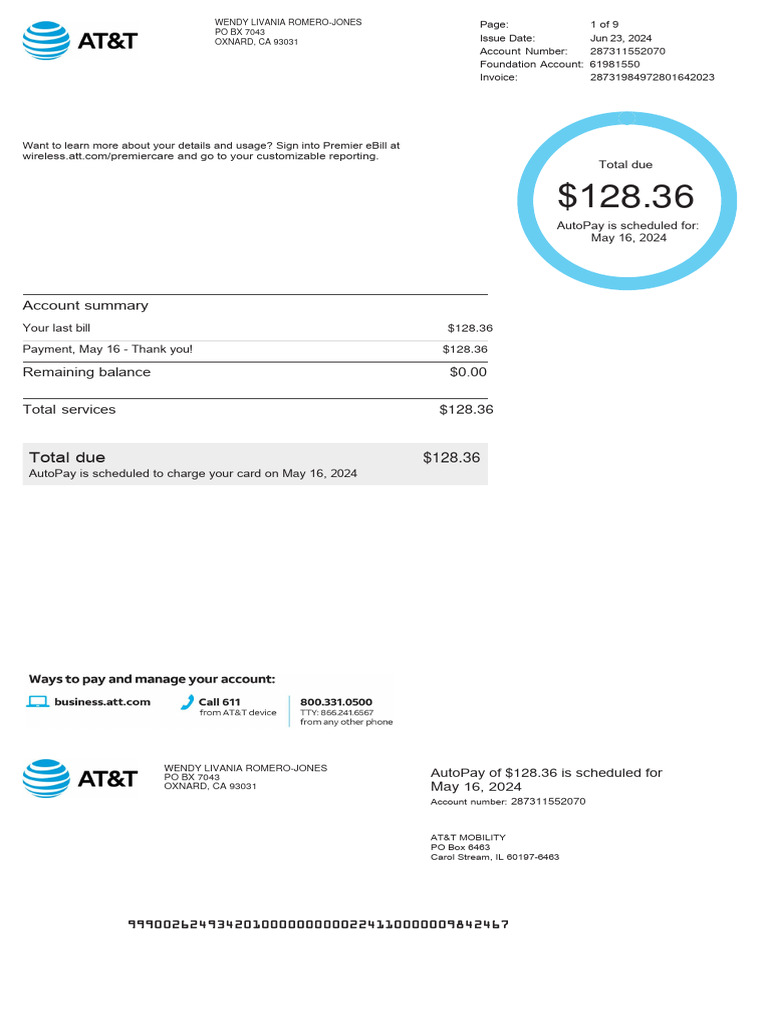 AT&T Invoice Summary and Payment Info | PDF | Payments | Banking Technology