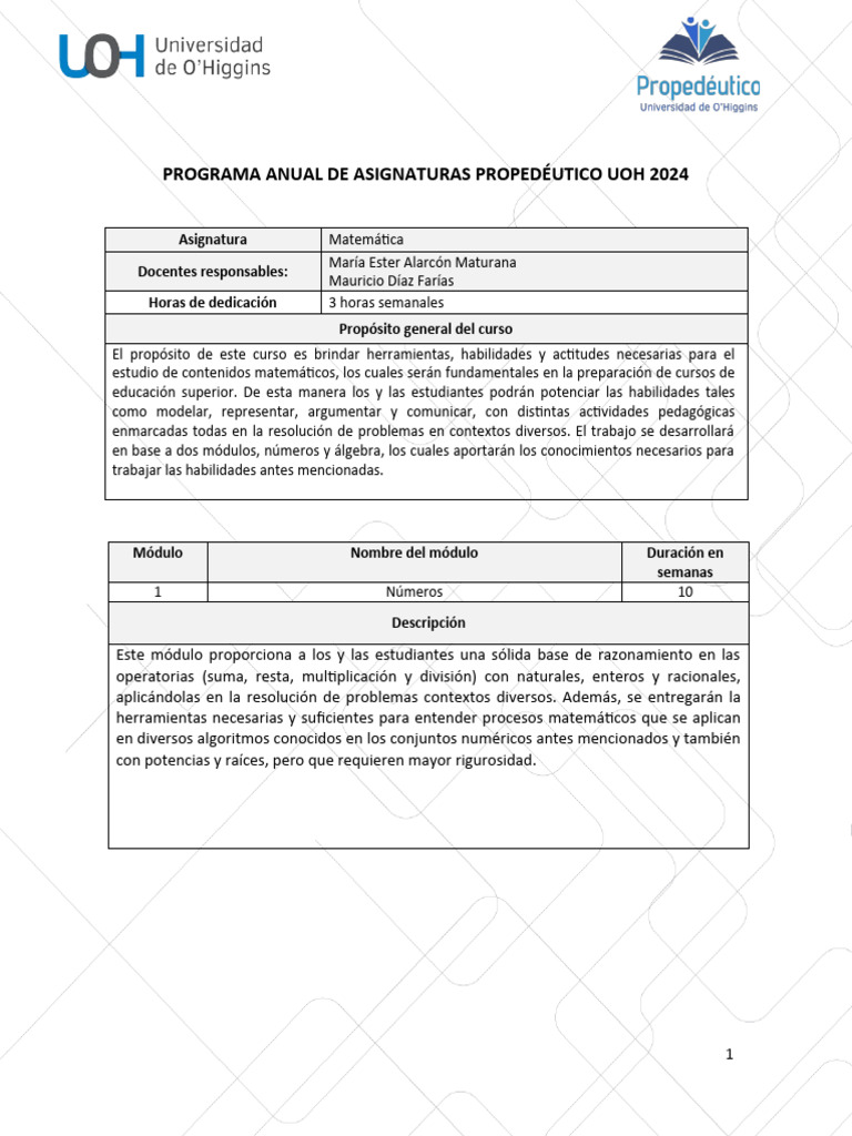 Programa de Asignatura Matemática | PDF | Factorización | Multiplicación