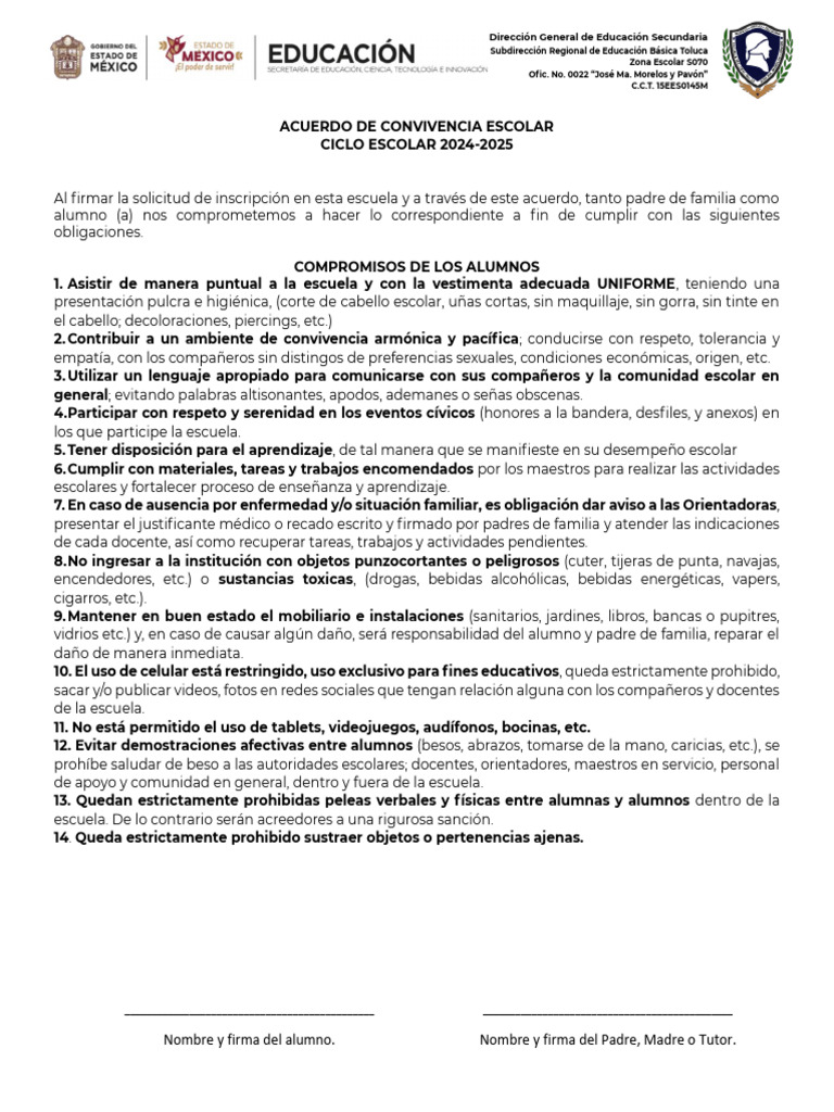 Acuerdo de Convivencia Escolar 2024-2025 | PDF | Escuelas | Maestros