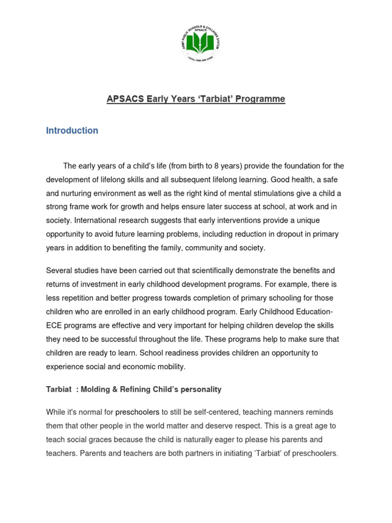 APSACS Tarbiyat Programme PDF Early Childhood Education Preschool