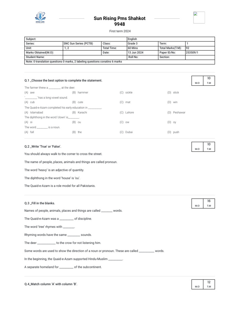 Grade 3 English Term 1 Exam 2024 | PDF | Plural | Language Mechanics