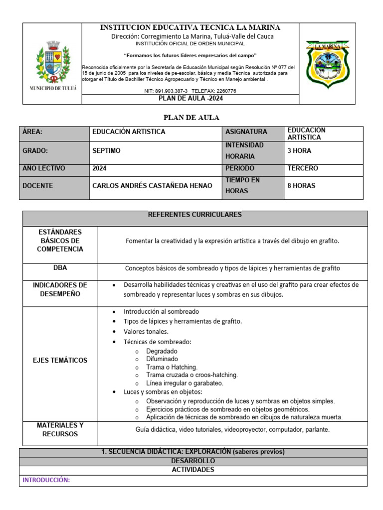 Plan de Aula Artistica 7 3P | PDF | Dibujo | Lápiz