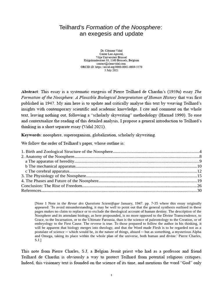 Vidal 2021 analysis of teilhards chapter 10 v6 final pdf evolution