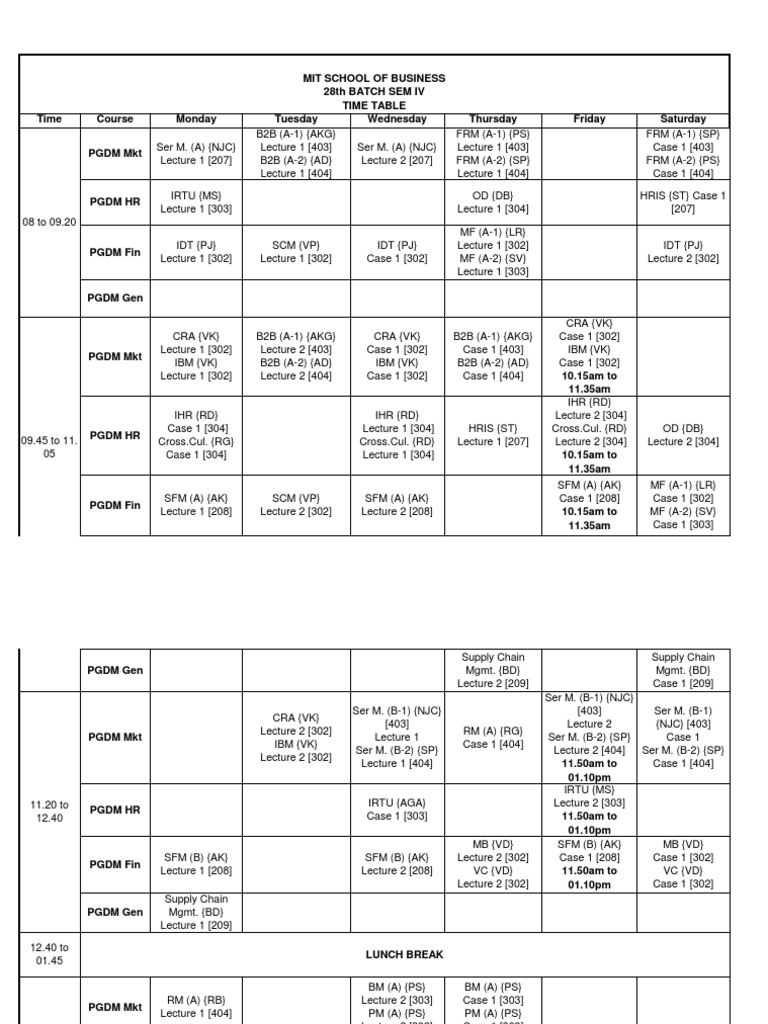 Updated Final Time Table Sem-IV | PDF