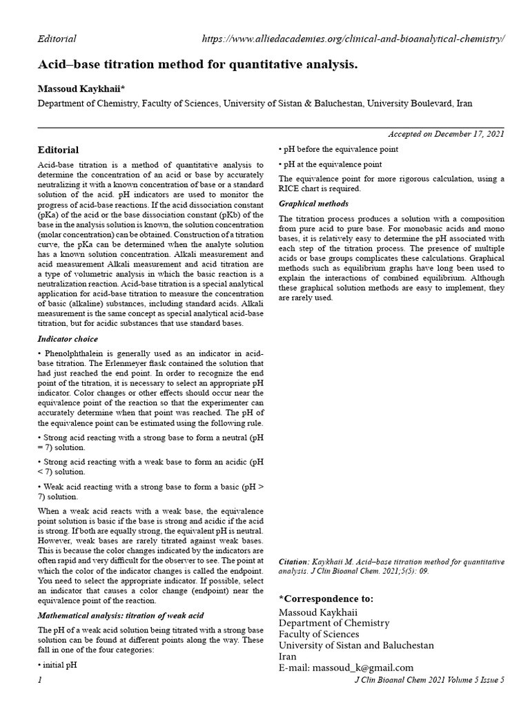 Acid-Base Titration for Quantitative Analysis | PDF | Titration | Chemistry